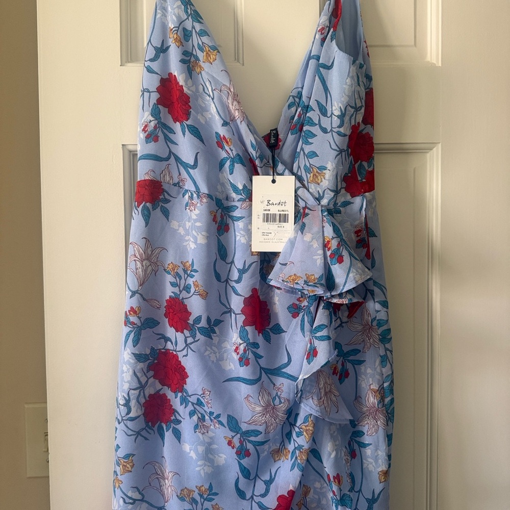 NWT Blue Floral Wrap Dress with Red Bloom Print